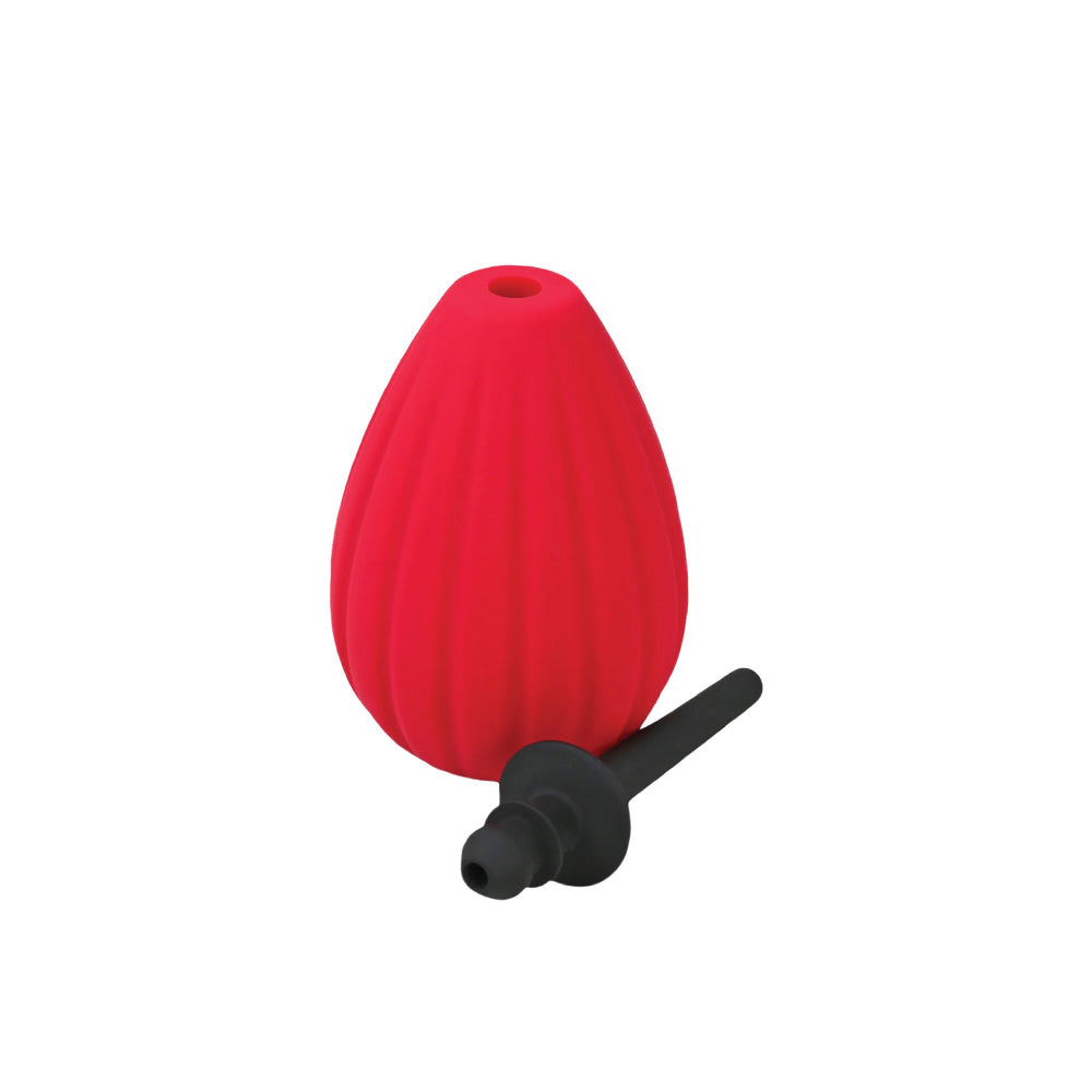 Aneros Prelude Enema Bulb with black nozzle and red pump on a white background