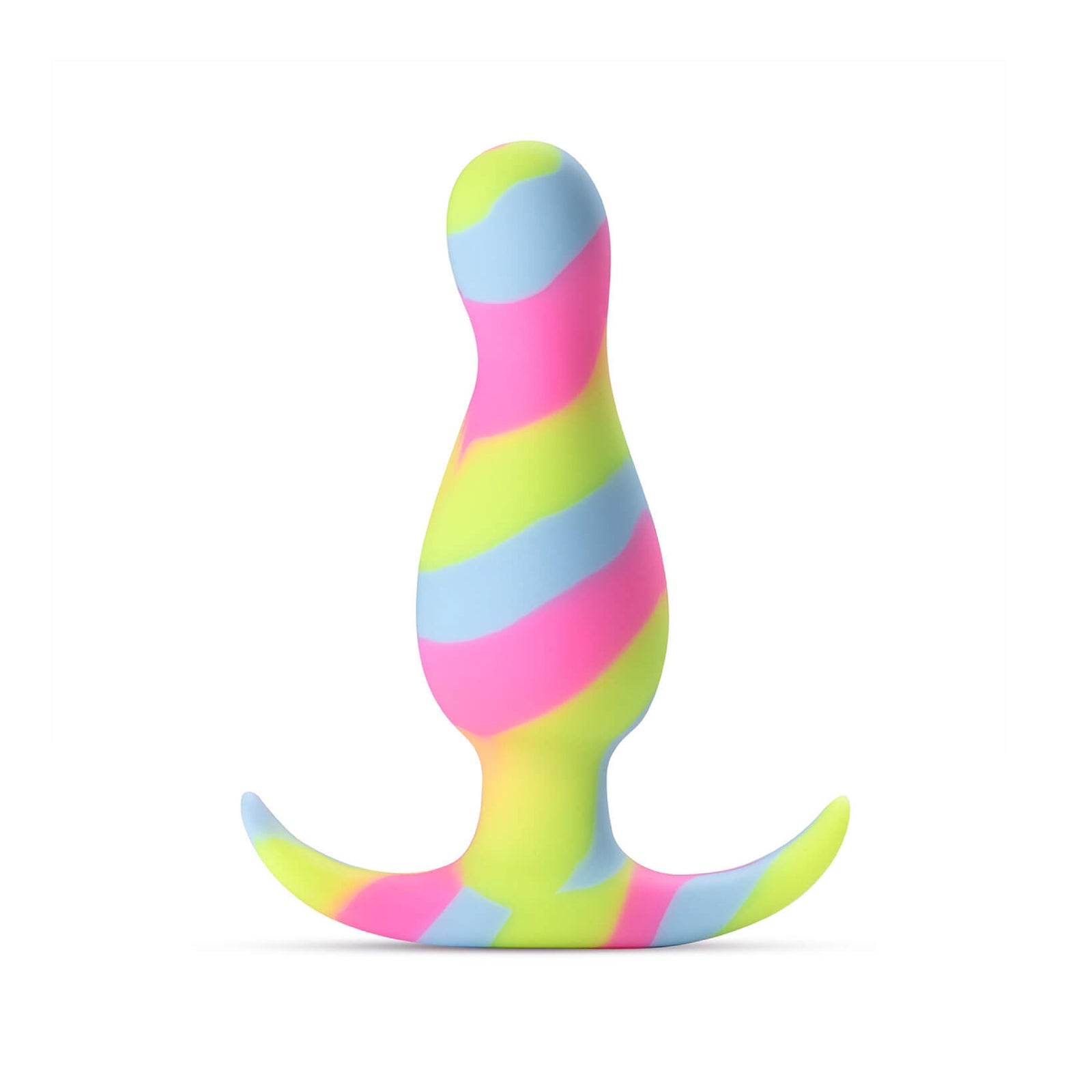 Avant Kaleido lime green and pink swirl platinum-cured silicone anal plug with tapered tip and AnchorTech flared base
