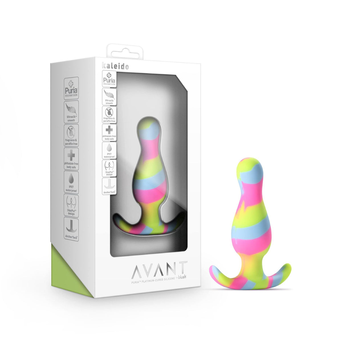 Avant Kaleido lime 3-inch silicone anal plug standing next to retail display packaging box by Blush