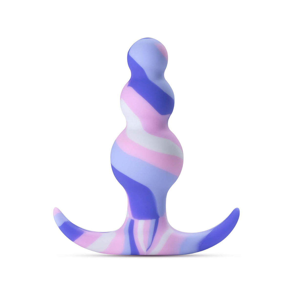 Avant Twilight blue and purple swirl platinum-cured silicone anal plug with three graduated curves and AnchorTech flared base
