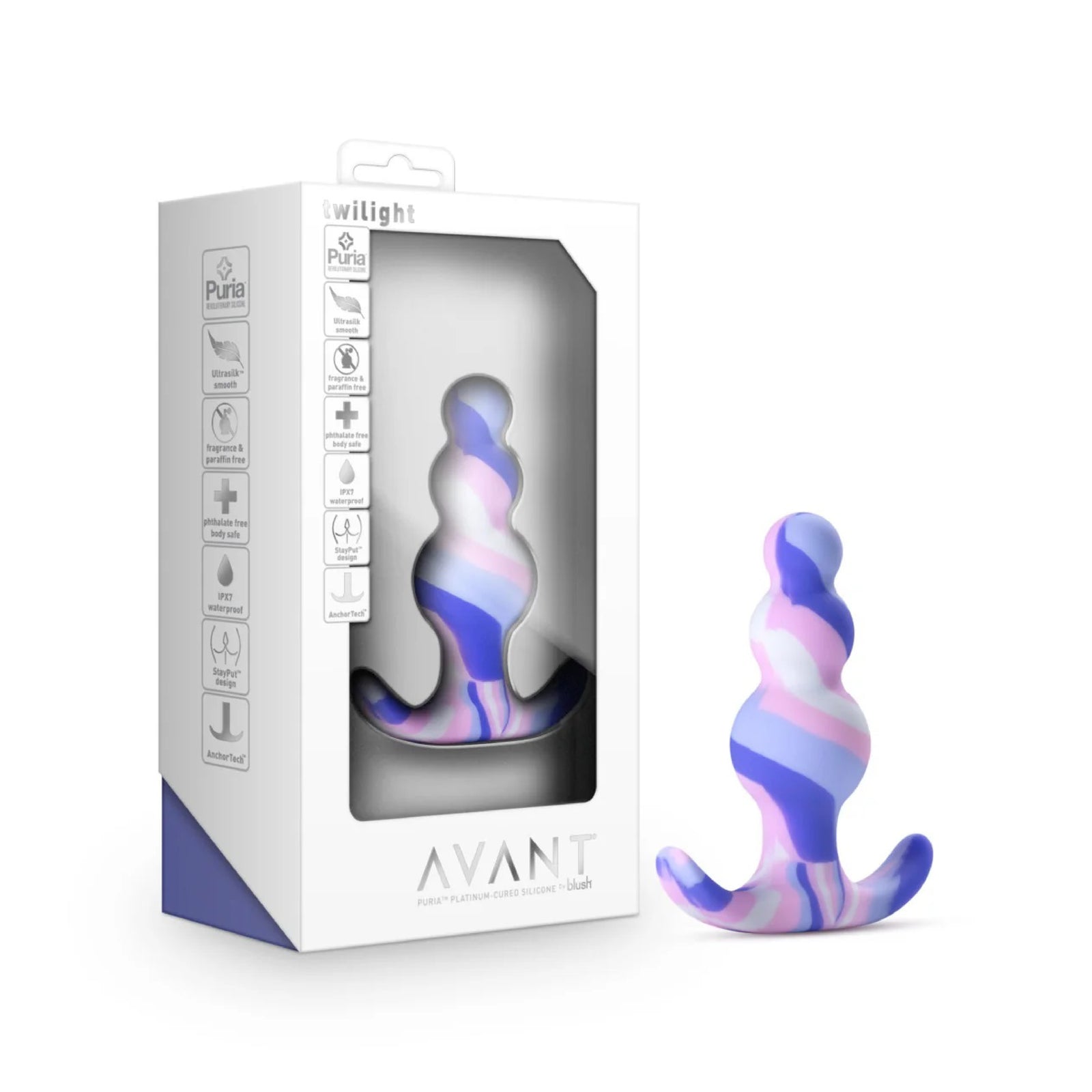 Avant Twilight blue and purple swirl platinum-cured silicone anal plug with three graduated curves and AnchorTech flared base