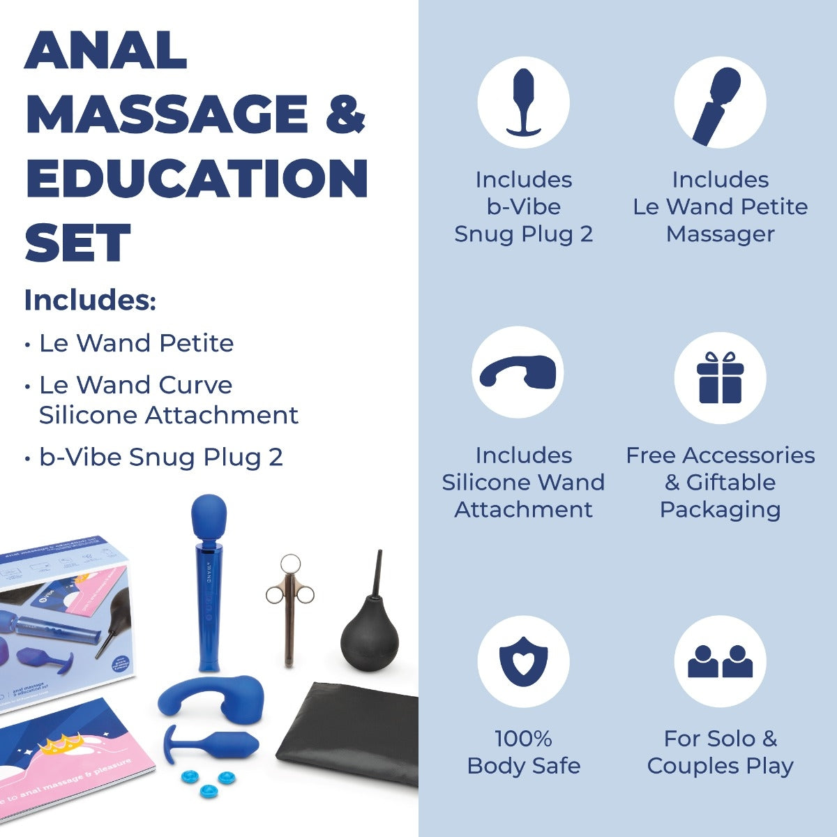 Anal massage and education set with product list and features on a light blue background
