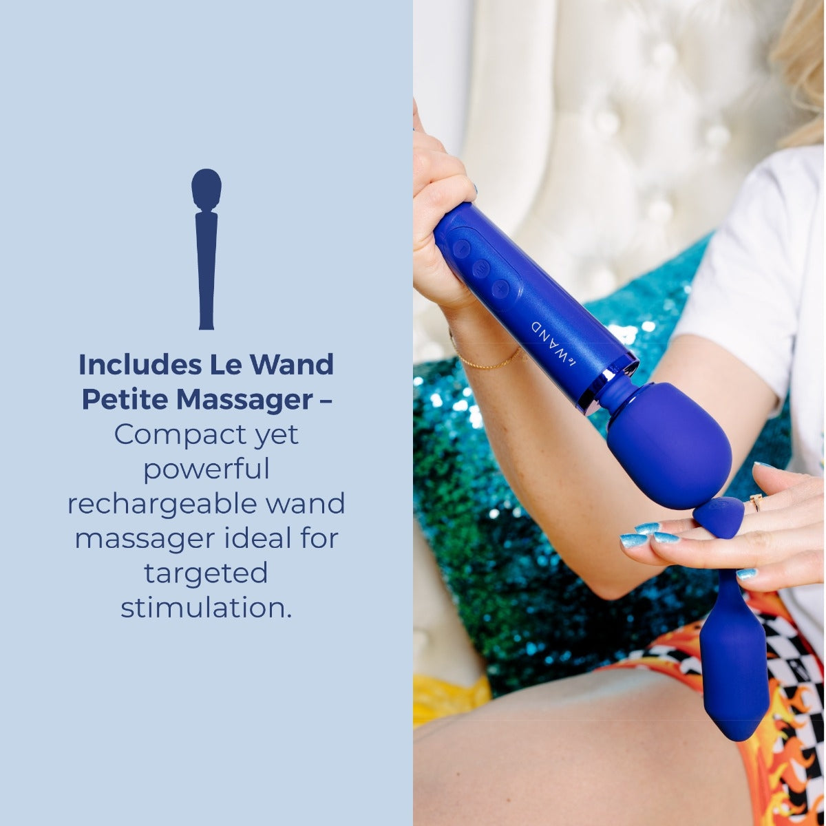 Blue le wand petite massager being used on a person's arm with text about the product.