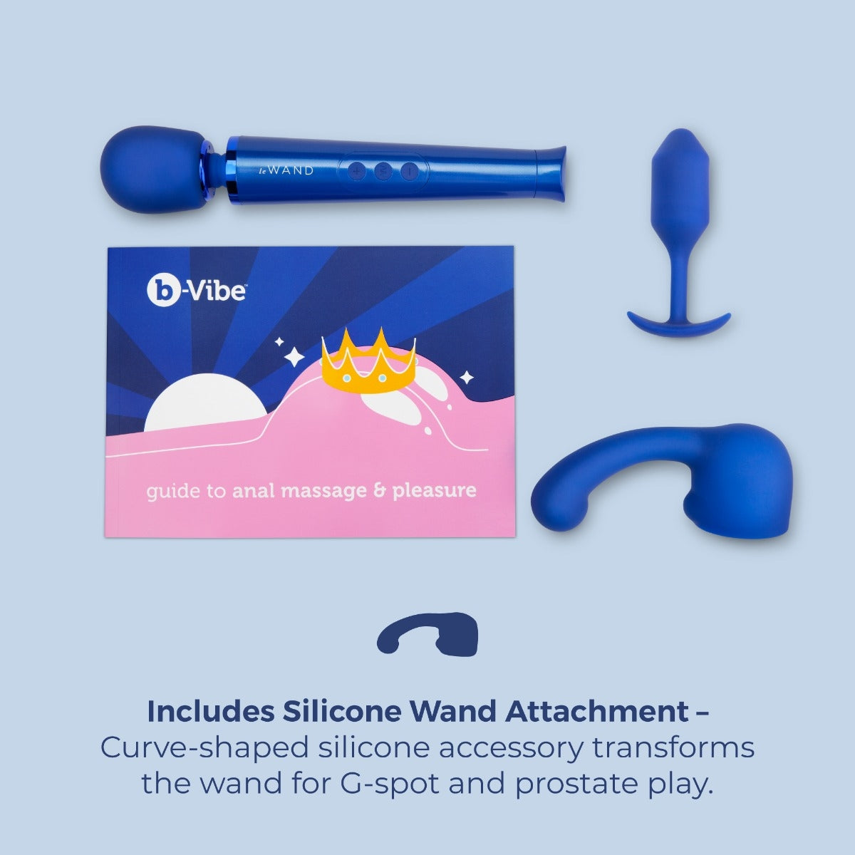 Blue le  wand attachment and accessories on a light blue background with b-Vibe branding.