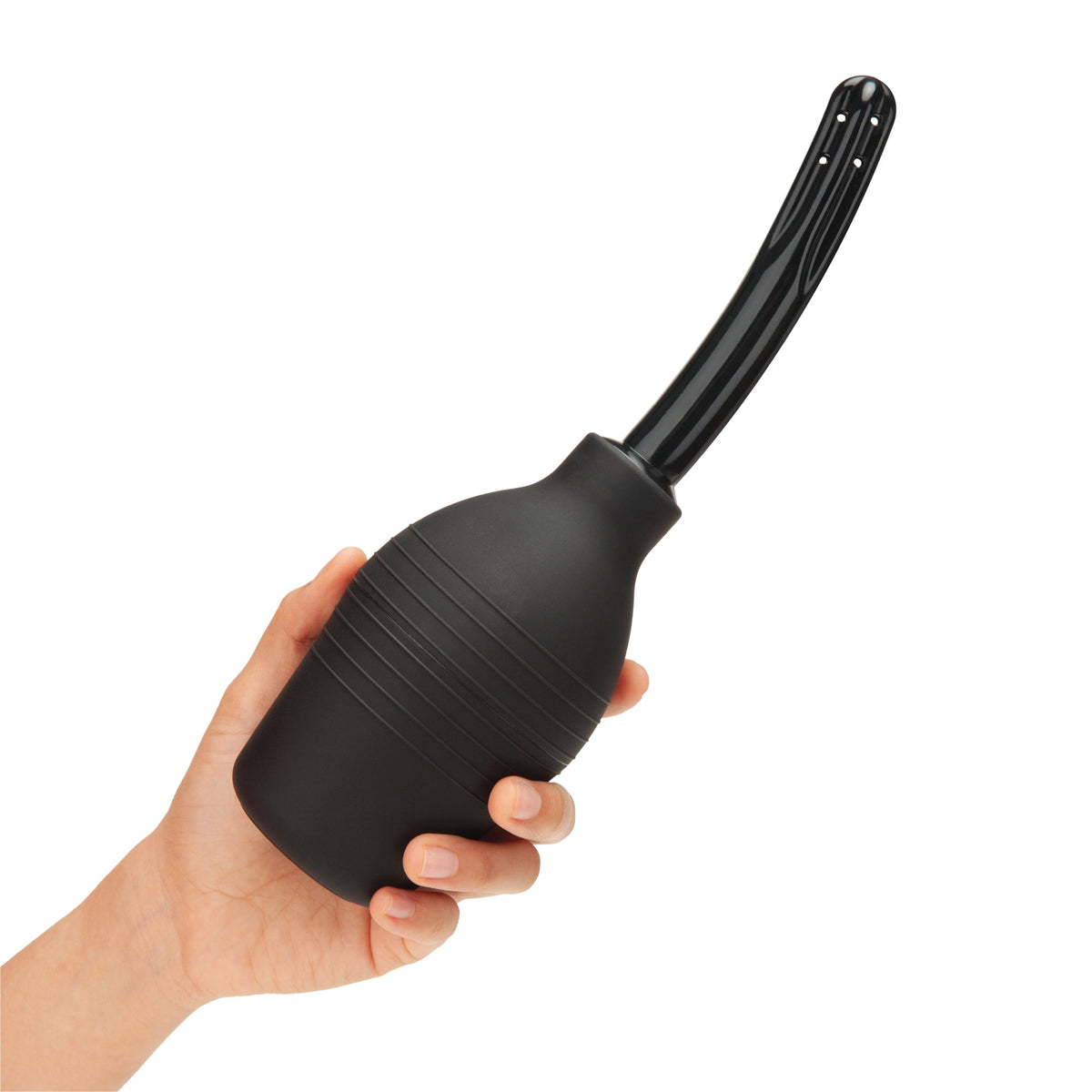 Silicone Enema Douche With Nozzle 310 ML with smooth nozzle  held by a hand on a white background