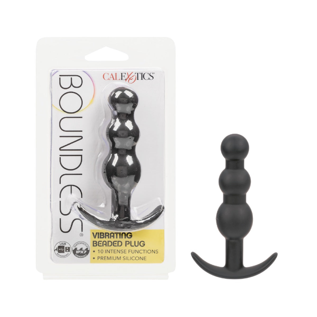 Black beaded plug with packaging labeled 'Boundless' on a white background