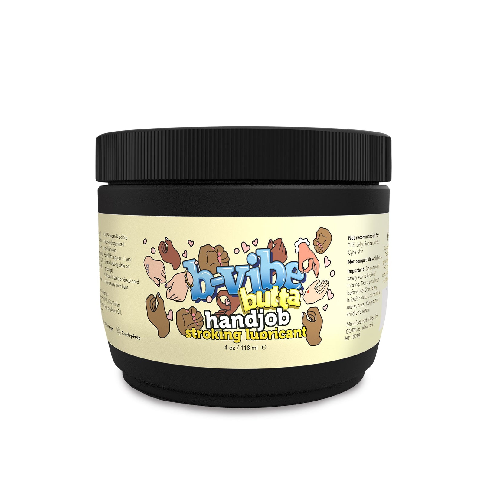 Jar of 'b-vibe butta handjob' lubricant on a white background