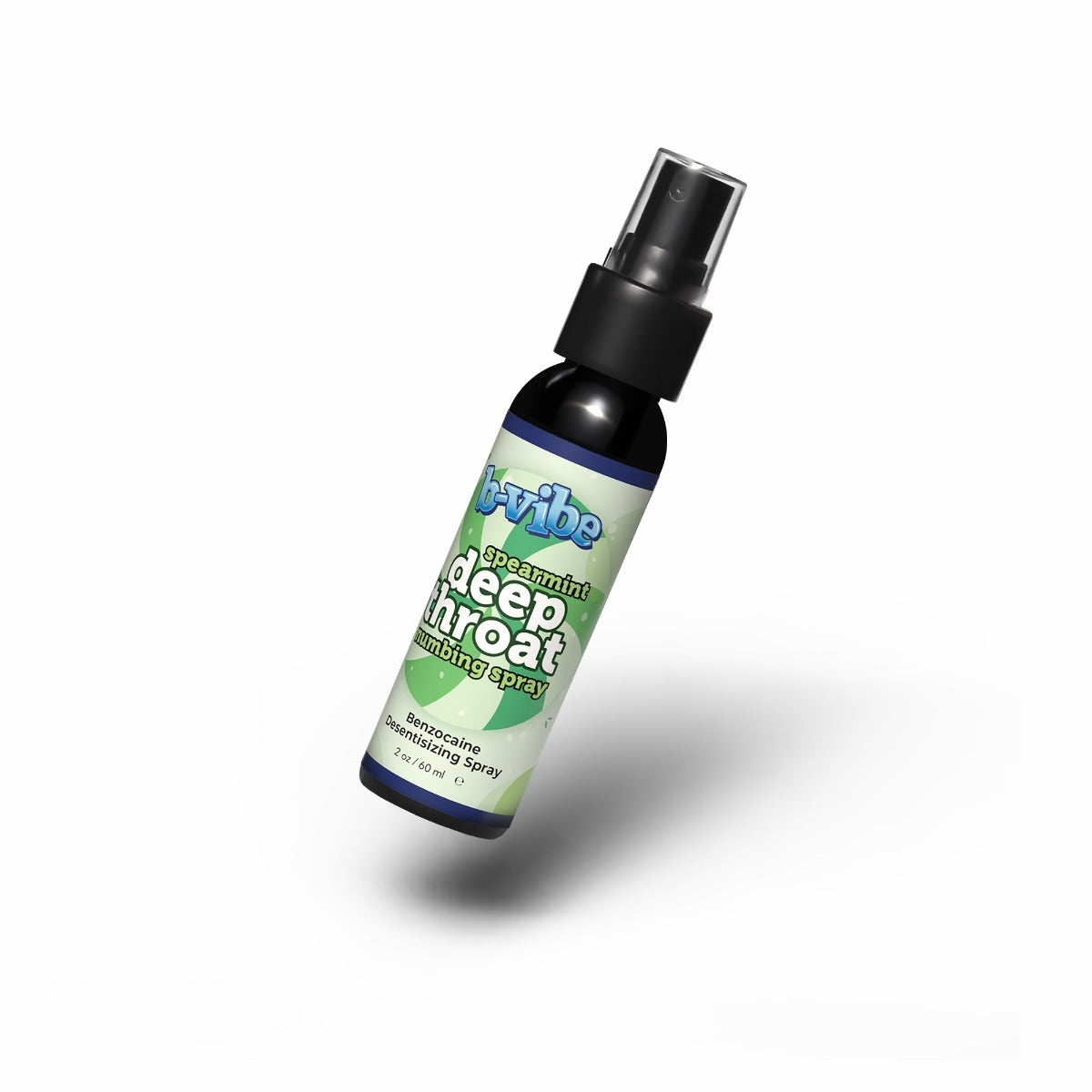 Bottle of 'b-vibe' deep throat lubricant spray on a white background