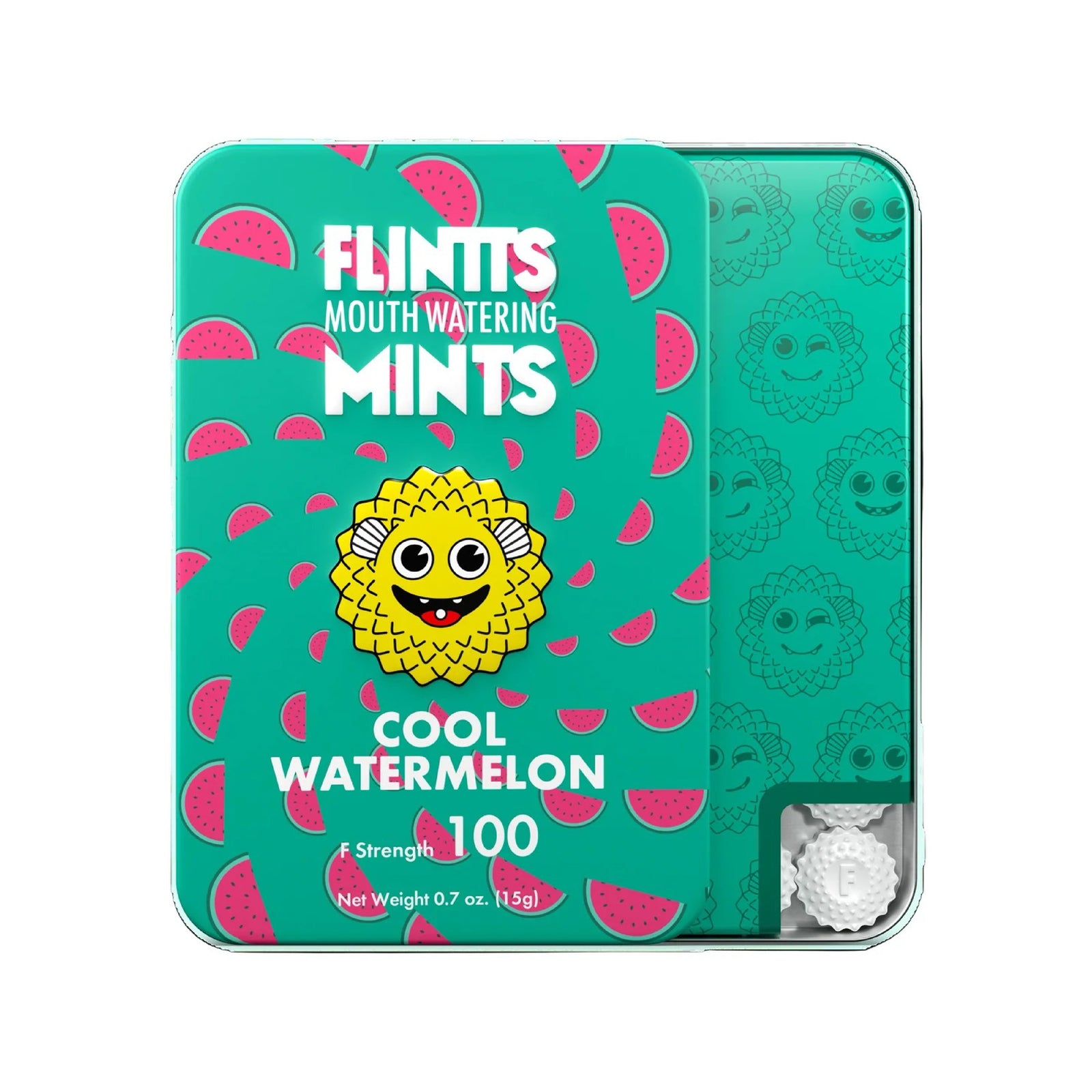 A tin of Flint's Mouth Watering Mints in Cool Watermelon flavor, featuring a bright teal-green background with pink watermelon slice patterns, a yellow cartoon mint character, and a small clear window showing round white mints inside.