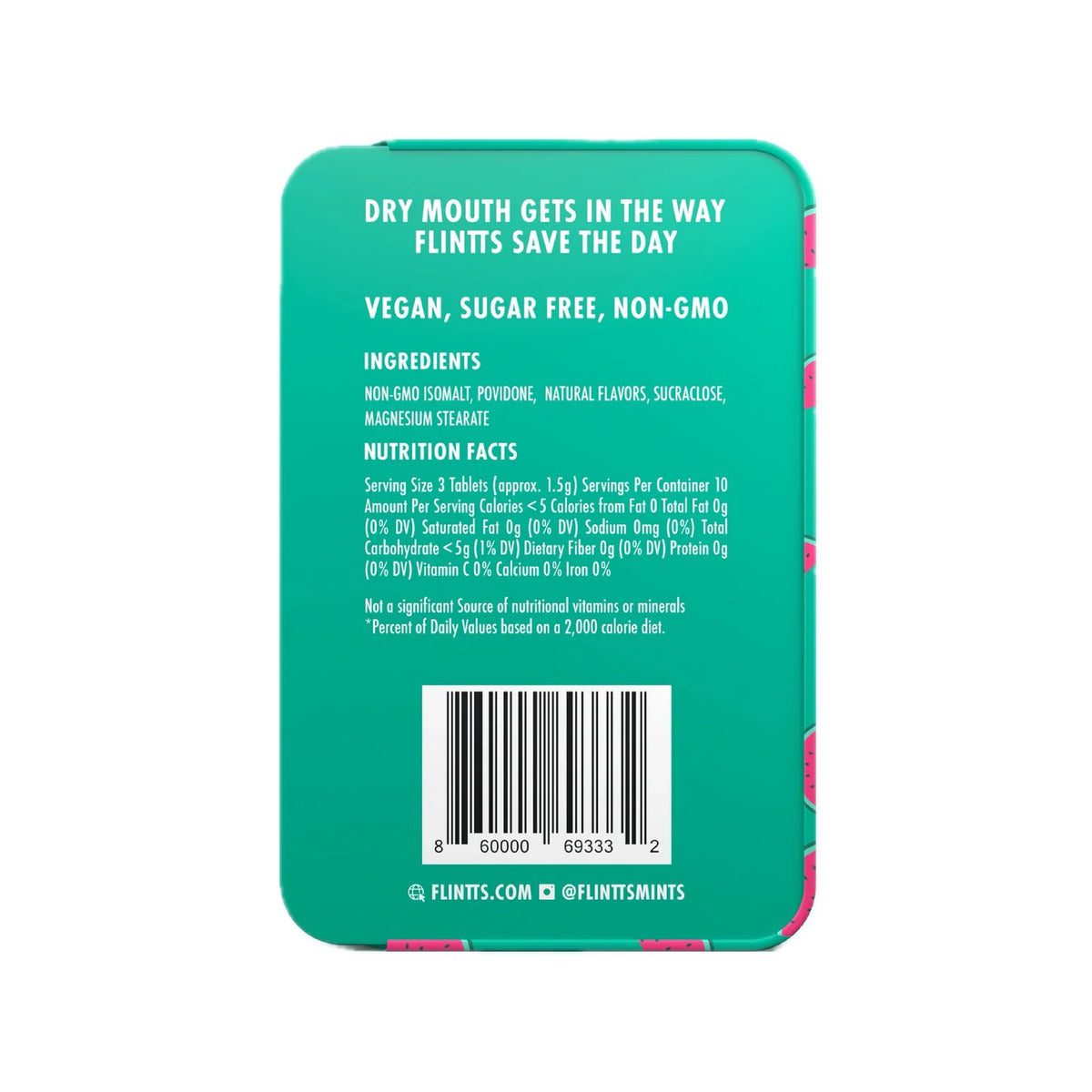 Back label of Flintts Mints Cool Watermelon tin showing F Strength 100 rating and ingredient list