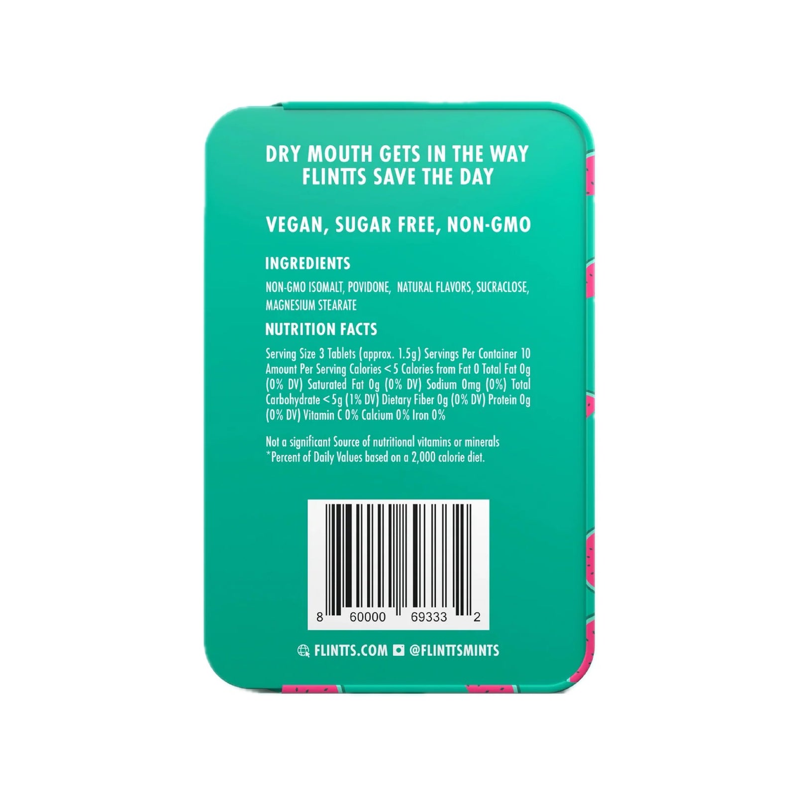 A tin of Flint's Mouth Watering Mints in Cool Watermelon flavor, featuring a bright teal-green background with pink watermelon slice patterns, a yellow cartoon mint character, and a small clear window showing round white mints inside.