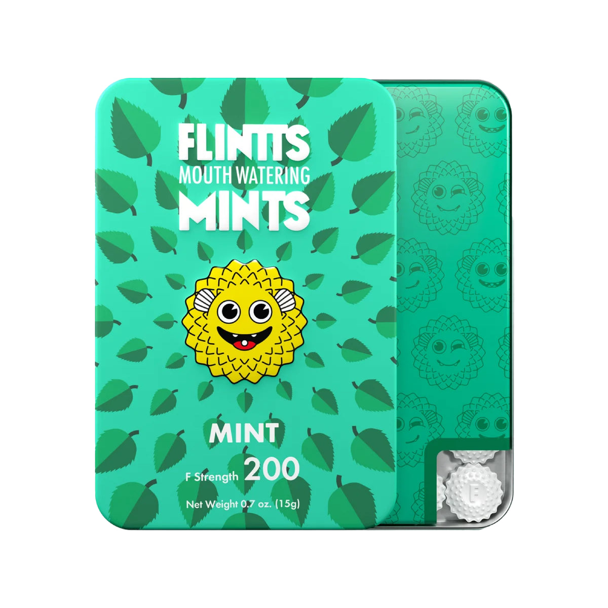 A tin of Flintt's Mouth Watering Mints, Mint 200, featuring a bright teal-green cover decorated with green leaves and a yellow cartoon mint character. A second tin is partially visible behind it, showing the patterned side and a clear window revealing the silver mints inside.