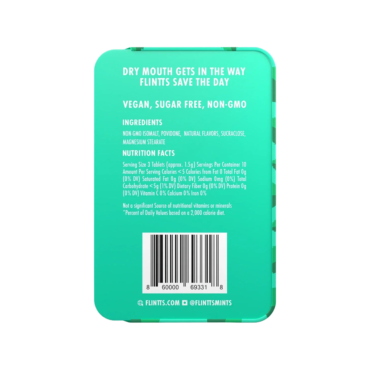 Back of Flintts Mints Spearmint tin displaying F Strength 200 rating and non-GMO ingredient list
