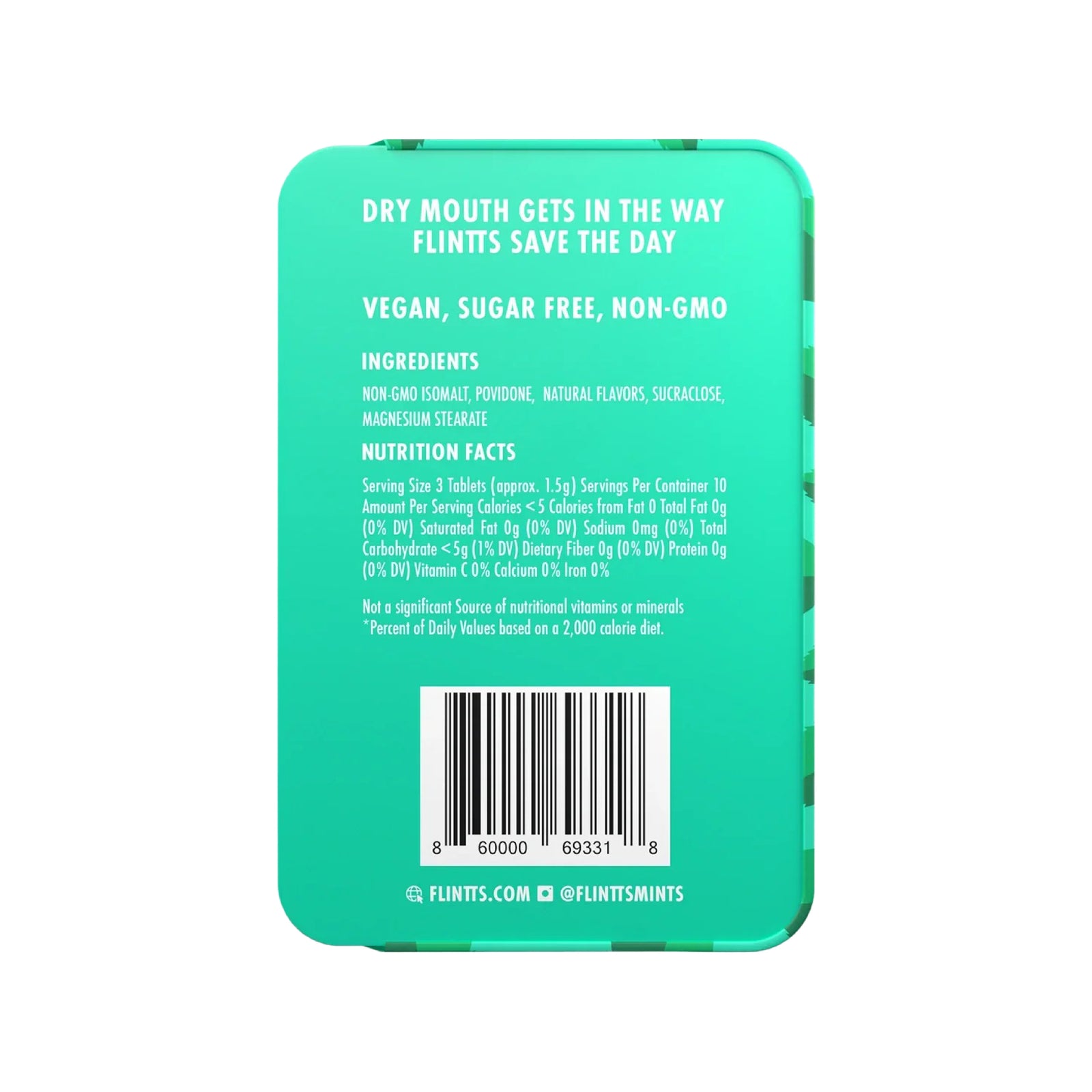 A tin of Flintt's Mouth Watering Mints, Mint 200, featuring a bright teal-green cover decorated with green leaves and a yellow cartoon mint character. A second tin is partially visible behind it, showing the patterned side and a clear window revealing the silver mints inside.