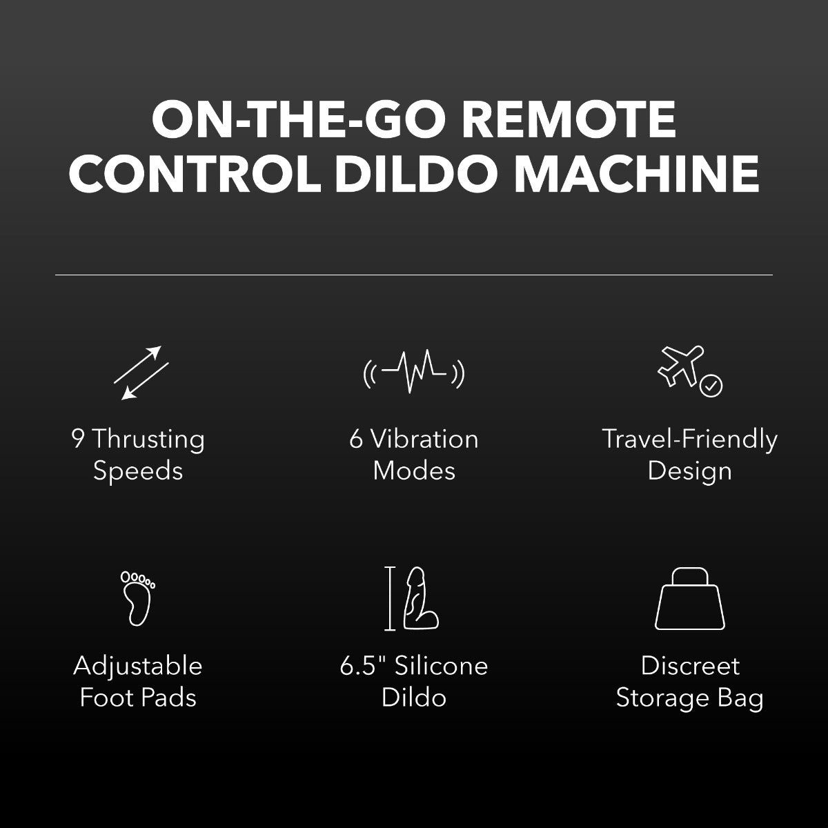 Product features of an 'On-the-Go Remote Control Dildo Machine' on a black background.