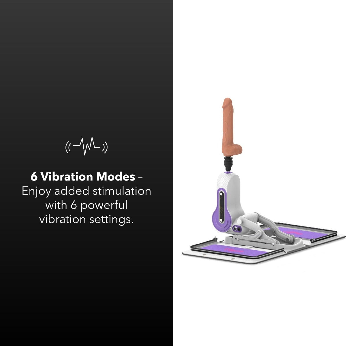 On-the-Go Remote Control Dildo Machine with vibration mode text on a black and white background