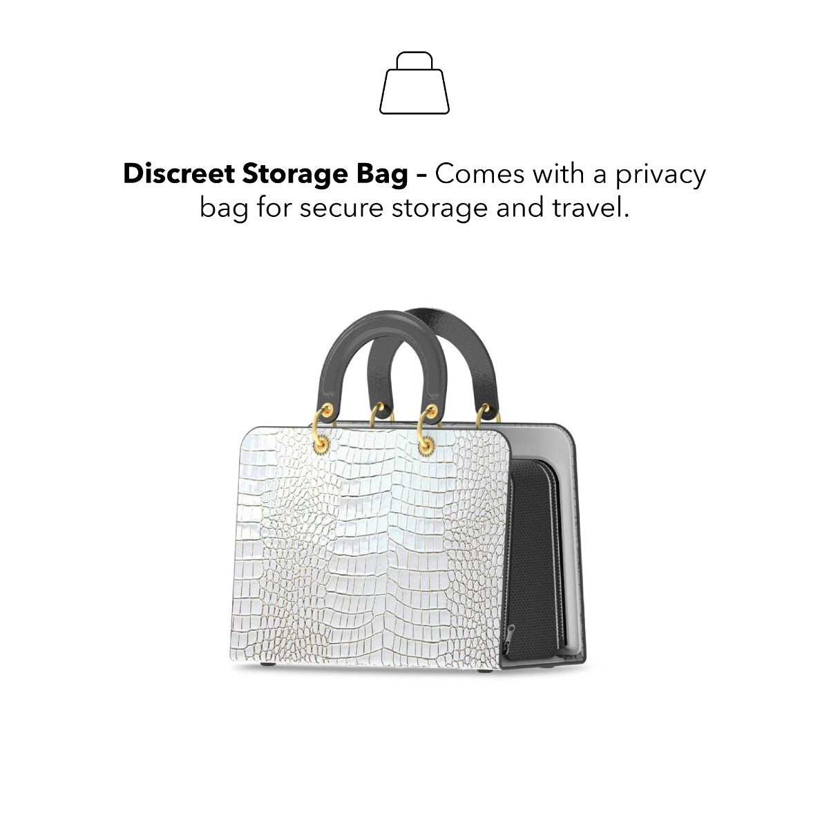 White textured handbag with black interior on a white background, featuring text about a discreet storage bag.