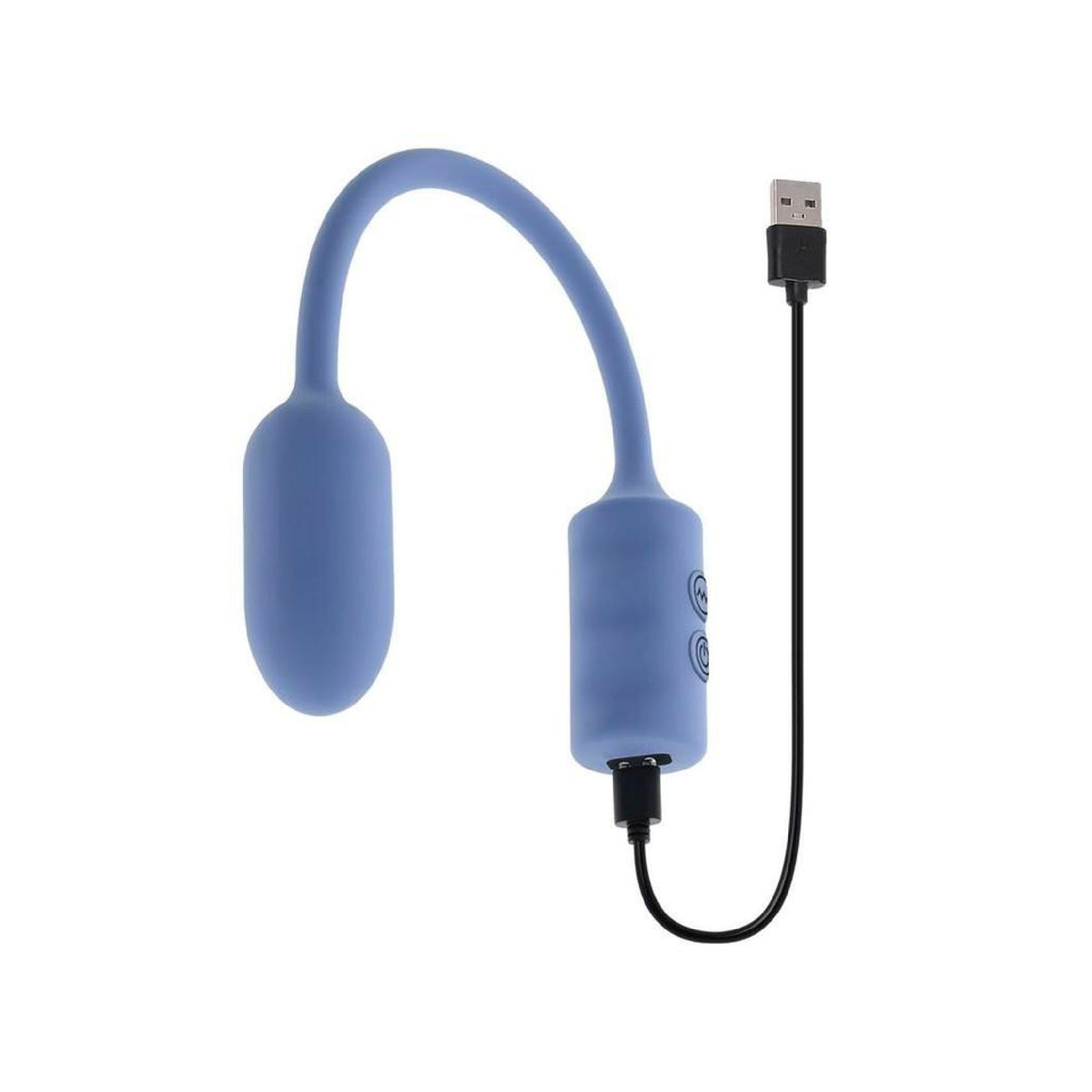 Gender X Egg-Streme Rechargeable Silicone Egg showing the blue vibrator alongside the included USB charging cable.
