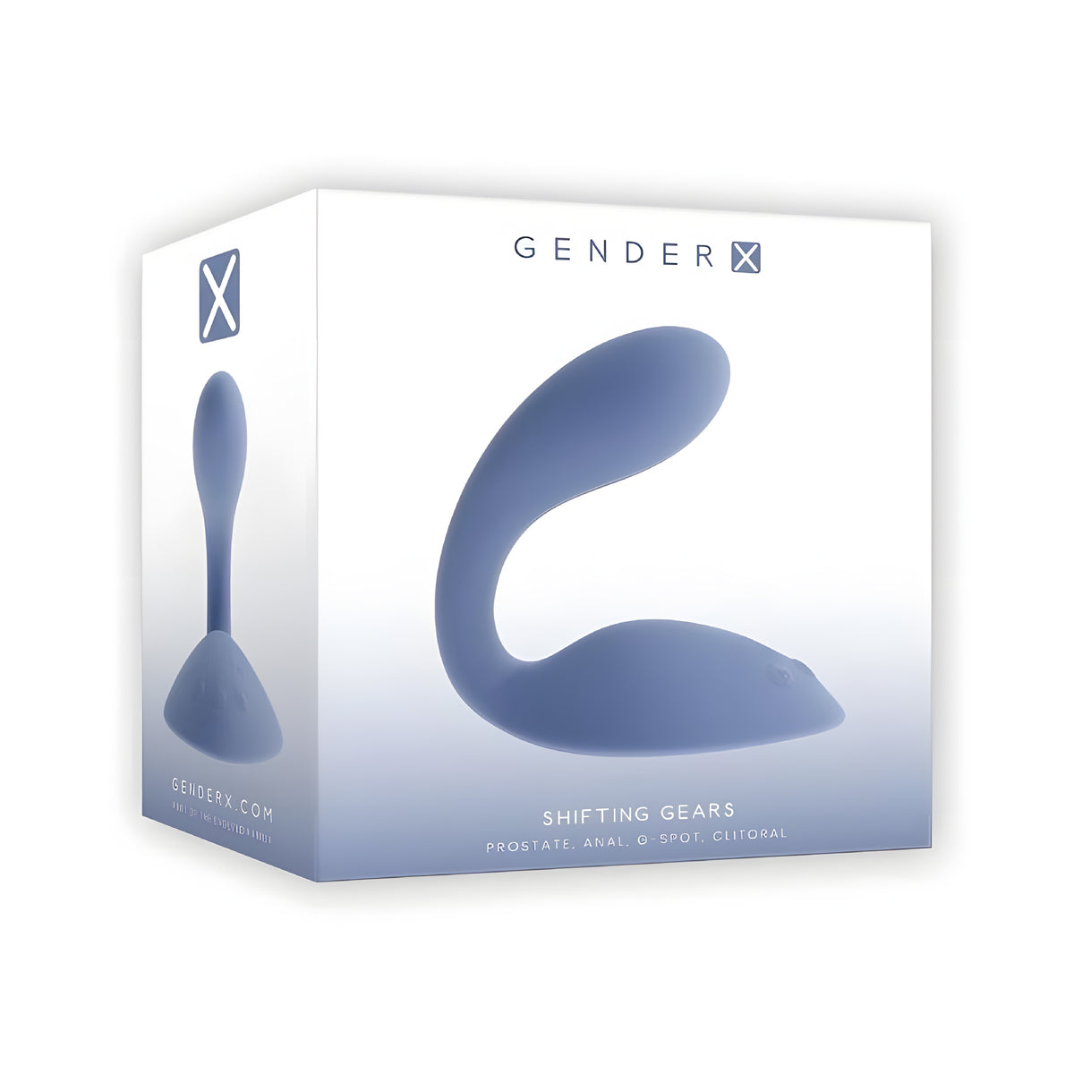 Retail packaging box for Gender X Shifting Gears Rechargeable Silicone Grind Pad Vibrator by Evolved Novelties