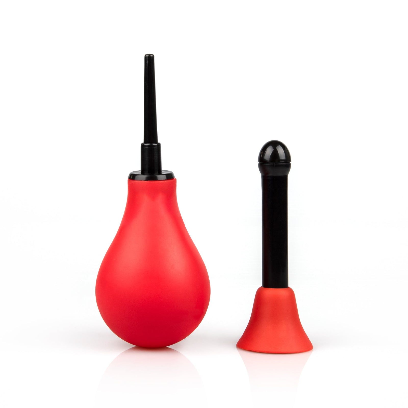 Red and black travel douche on a white background