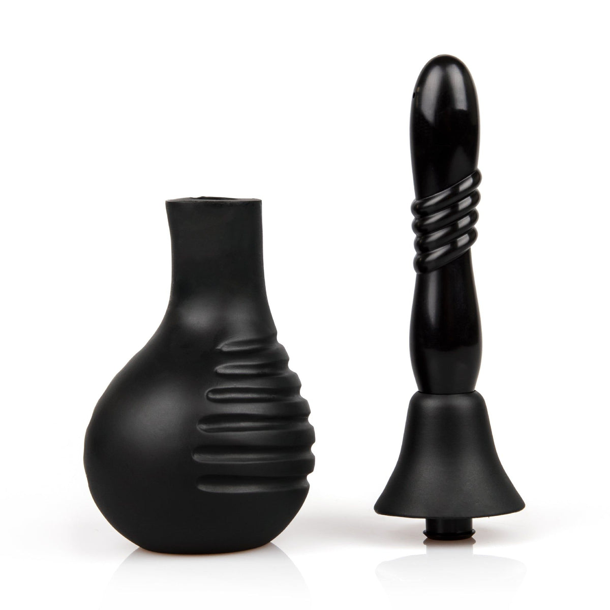 Black, round, tappered smart wash douche in a white background.