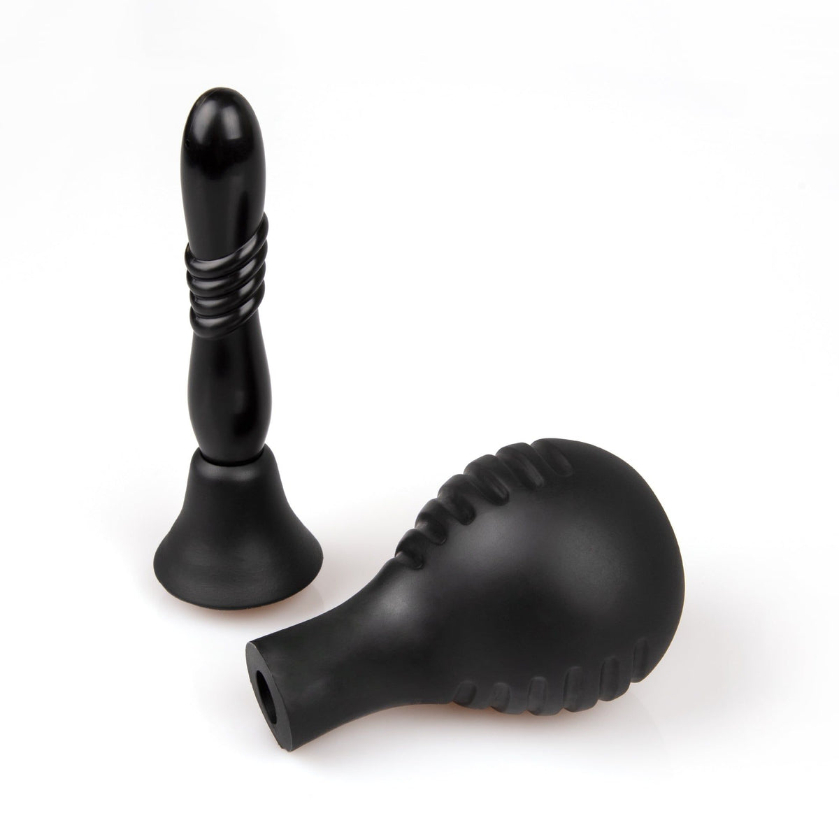 Black, round, tappered smart wash douche and a squeezable bulb placed side by side in a white background. 