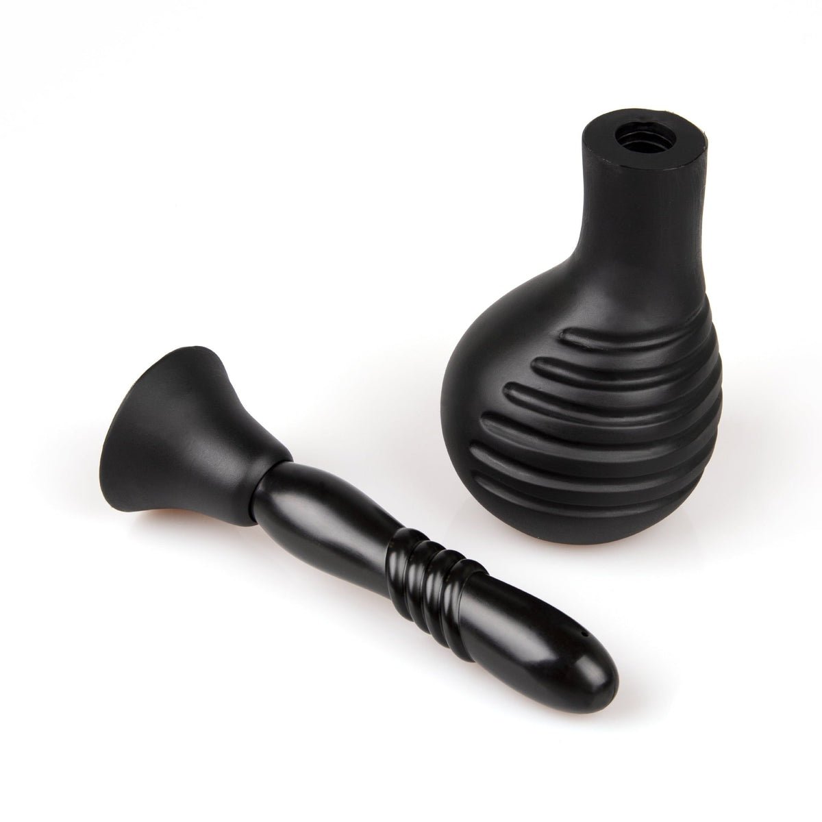 Black, round, tappered smart wash douche and a squeezable bulb placed side by side in a white background. 