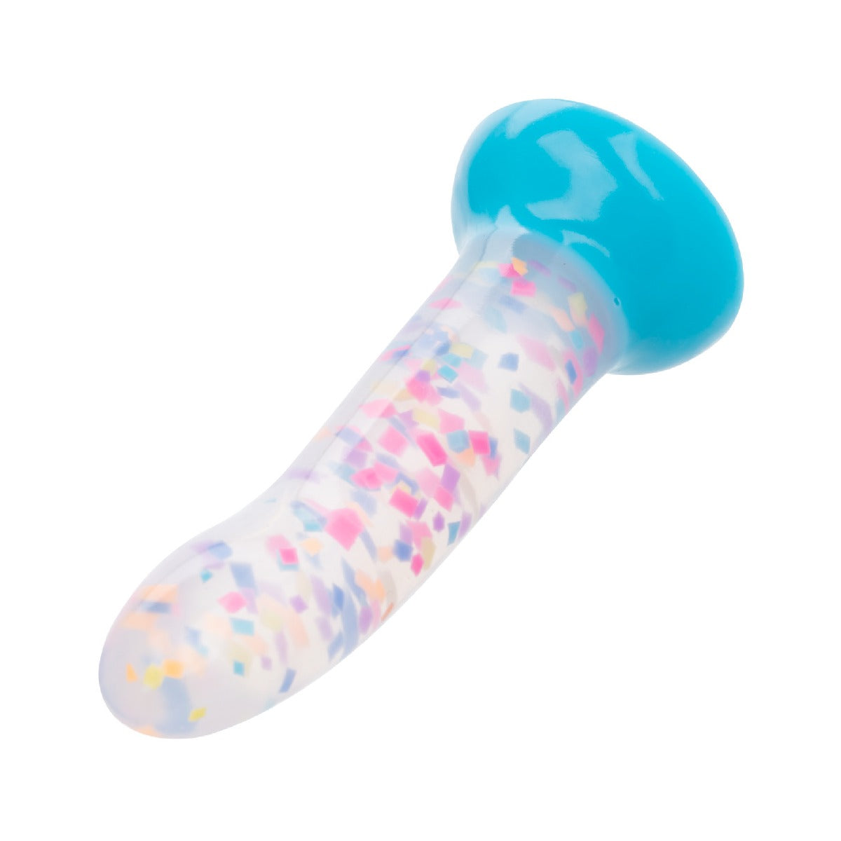 Silicon dildo with colorful sprinkles and blue base on a white background