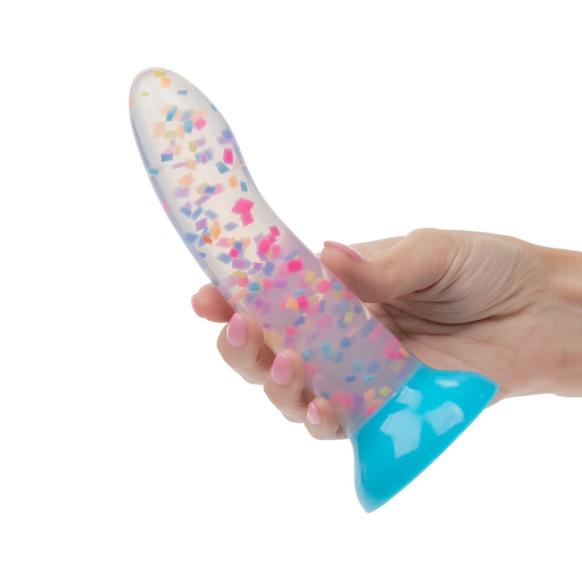 Hand holding a 6" Glow Stick Party Silicone Glow-In-The-Dark Dildo with Suction Cup against a white background