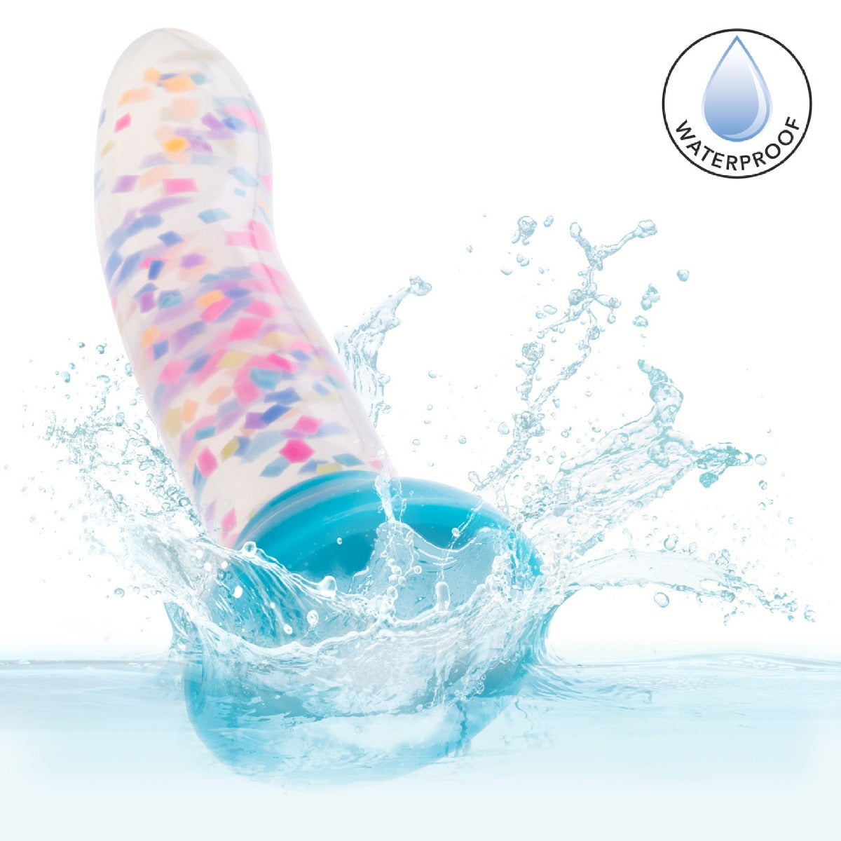6" Glow Stick Party Silicone Glow-In-The-Dark Dildo with Suction Cup with water splashes and a waterproof label on a white background