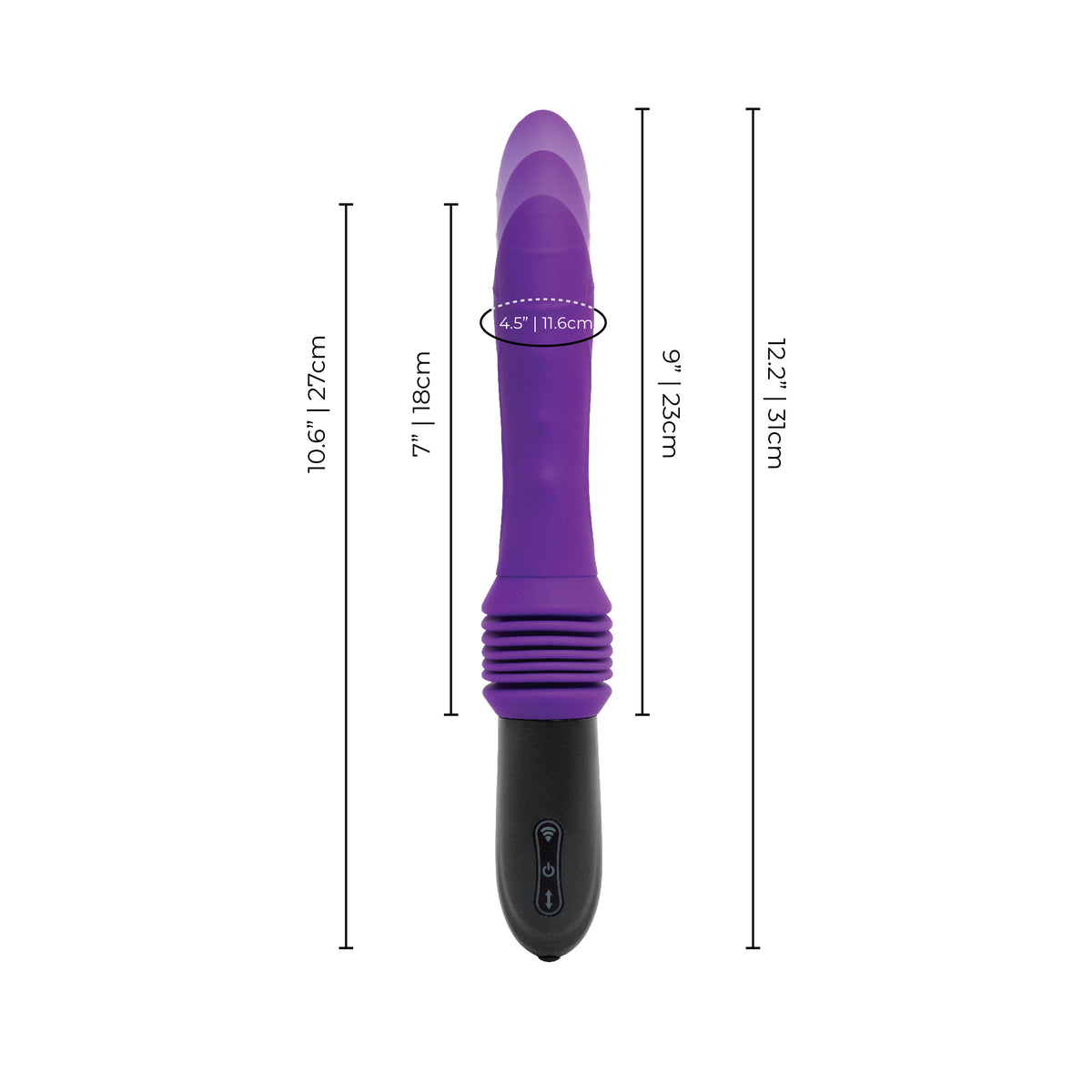 Hands-Free Thrusting Sex Machine showing 12.2-inch extended length and 4.5-inch circumference