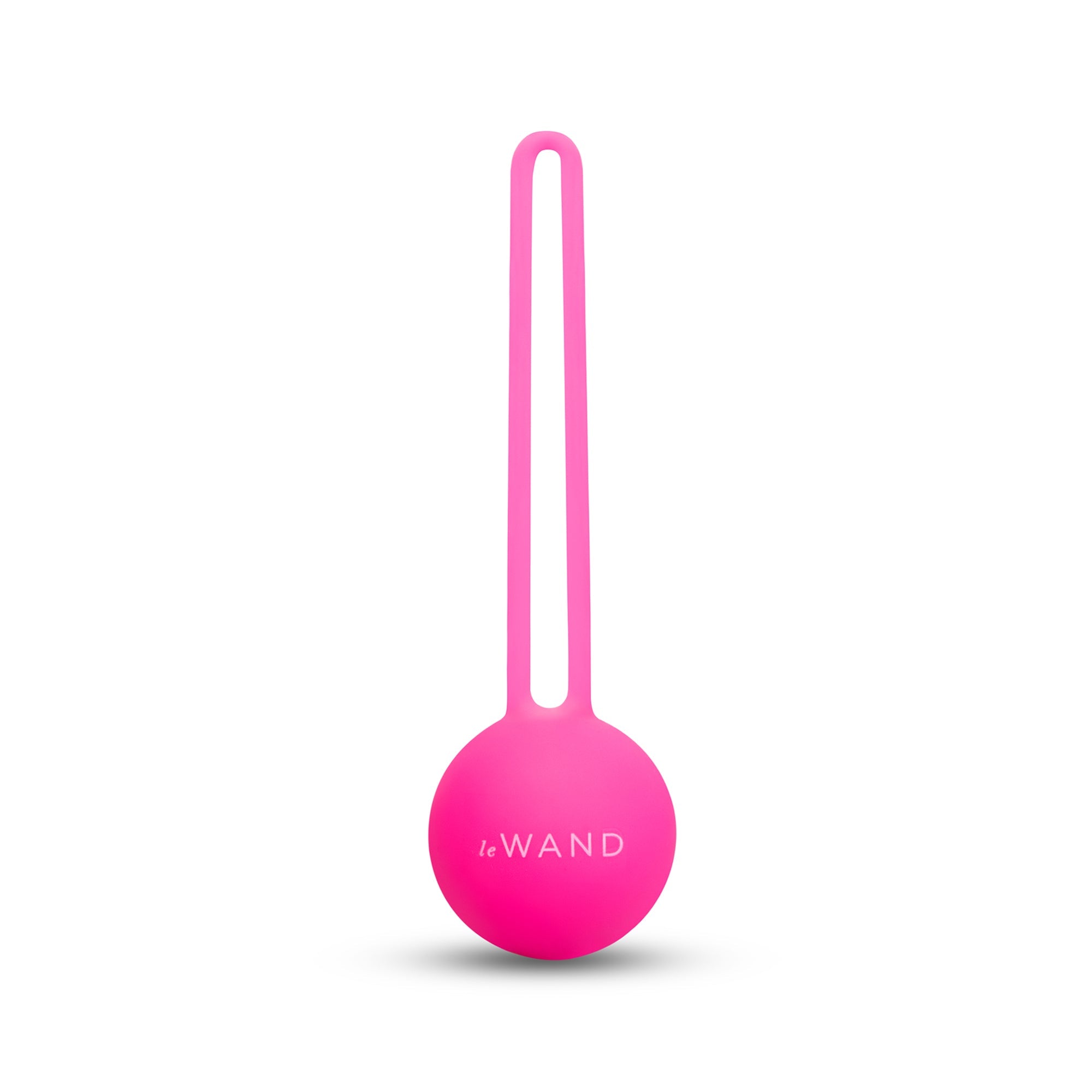 Three pink le wand kegel balls with handles on a white background