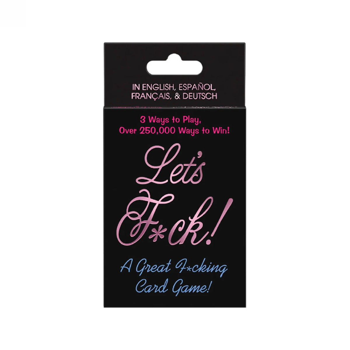 Card game packaging with explicit language on a black background