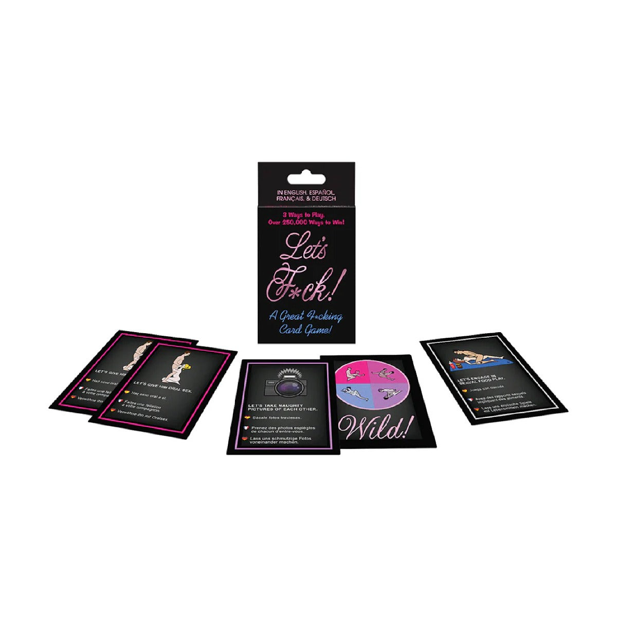 Card game packaging with cards and a black card holder on a white background