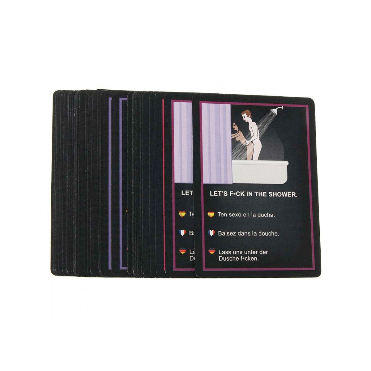 Card with a graphic of a person in a shower and text, surrounded by other cards on a white background.