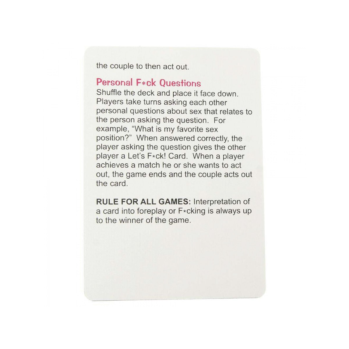 Card with text about a game involving personal questions and naughty language on a white background