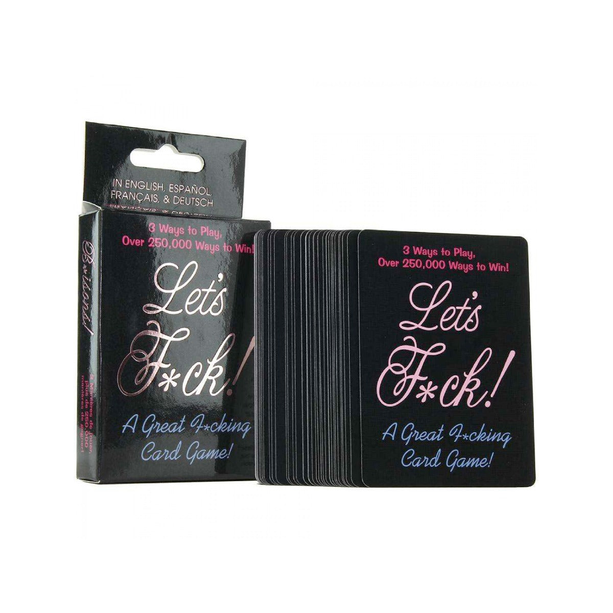 Card game packaging with explicit text on a white background