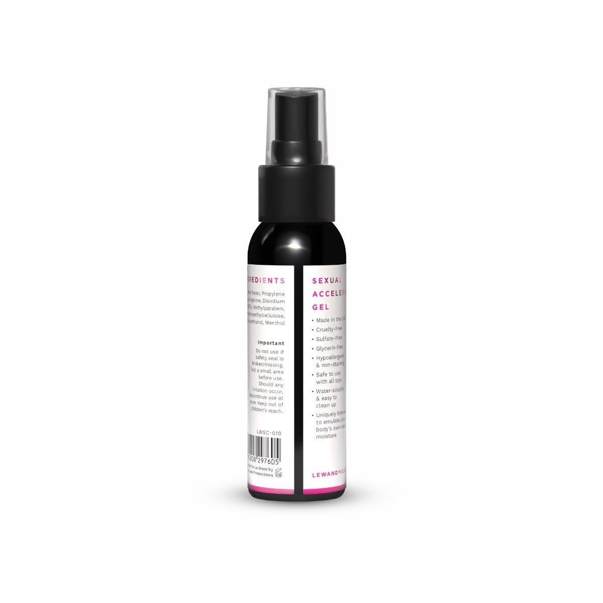 Black spray bottle with a white label on a white background
