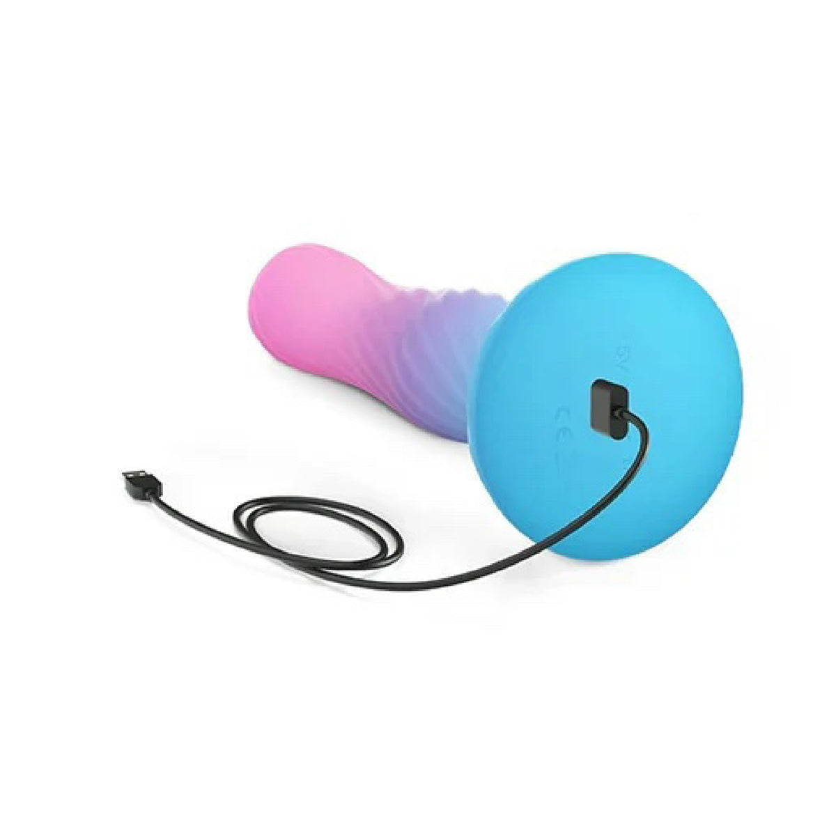 Blue suction cup base of the Love to Love Candy Loop dildo with magnetic USB charging cable attached