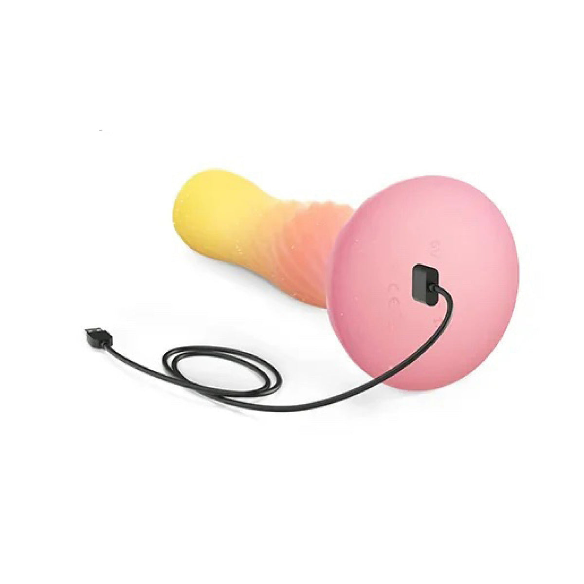 Pink suction base of the Love to Love Sugar Bomb dildo with magnetic USB charging cable attached
