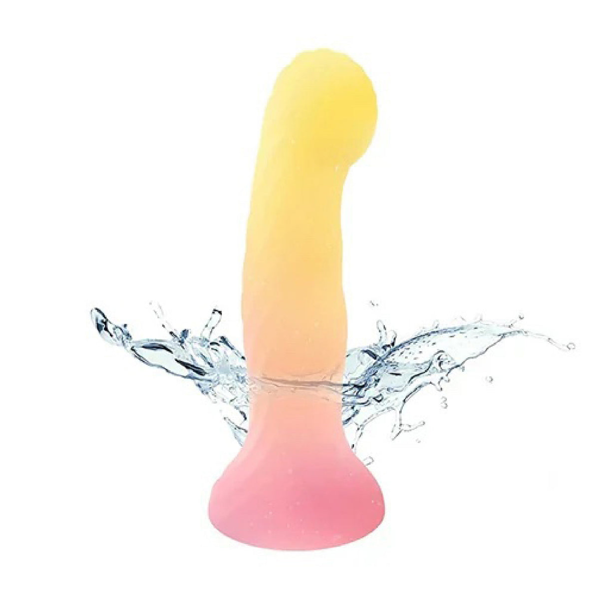 Glowing multicolor Love to Love Sugar Bomb LED dildo submerged in water splashes highlighting IPX7 waterproof design