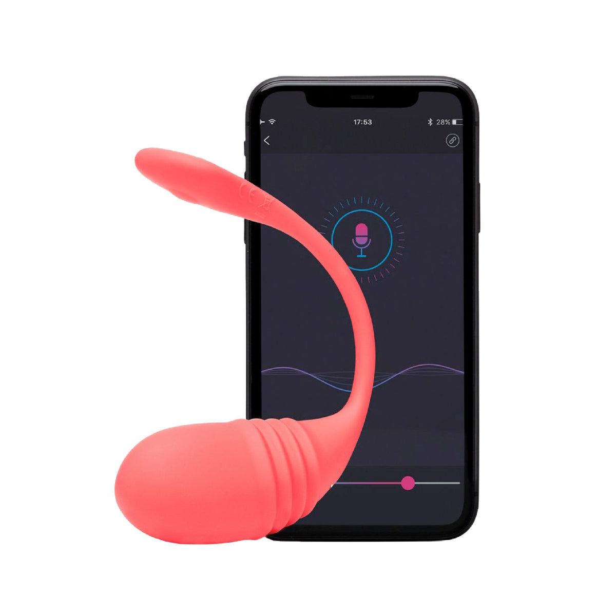 Pink silicone Lovense Vulse Rechargeable Silicone Thrusting Egg Vibrator
with smartphone on a white background