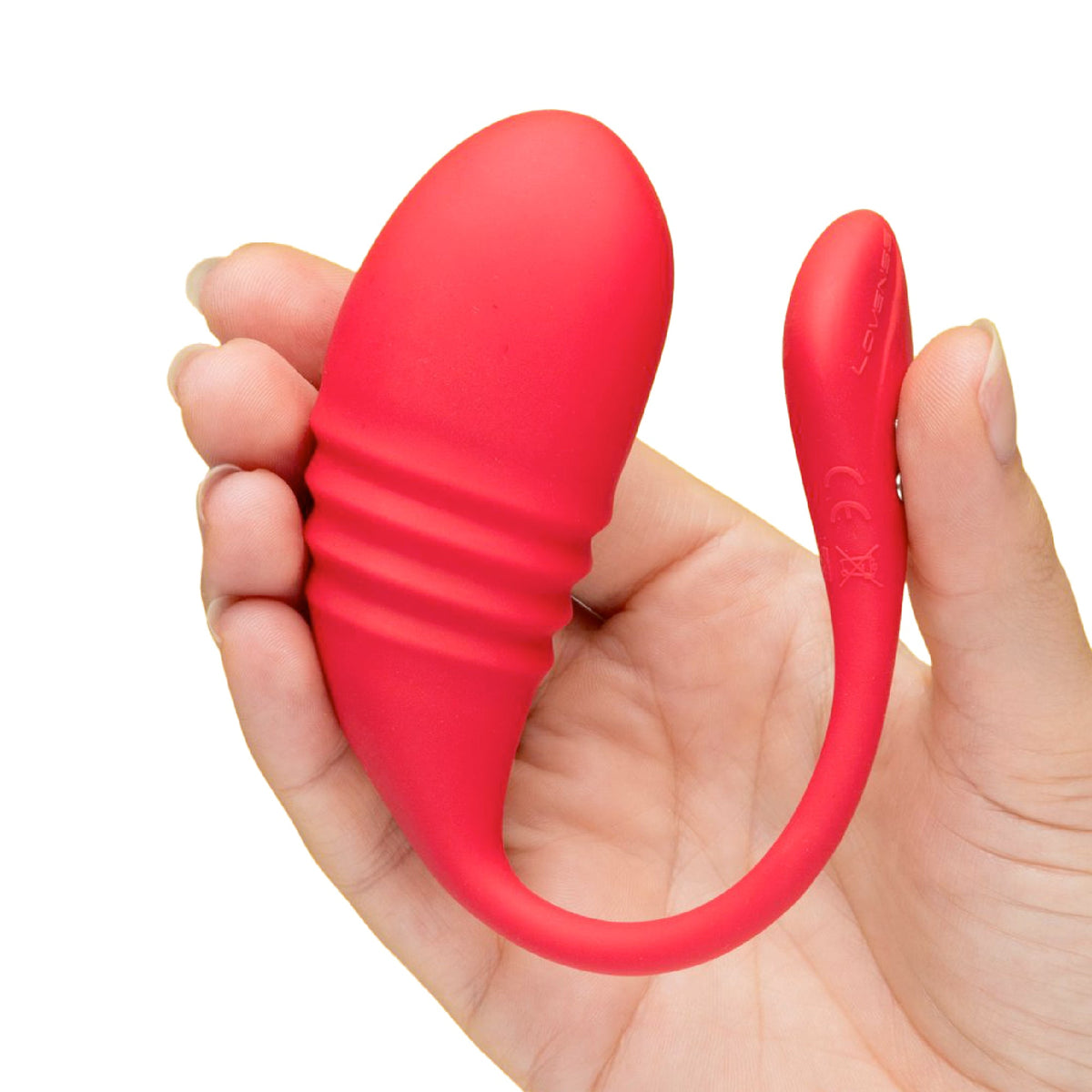Lovense Vulse Rechargeable Silicone Thrusting Egg Vibrator held in a hand.

