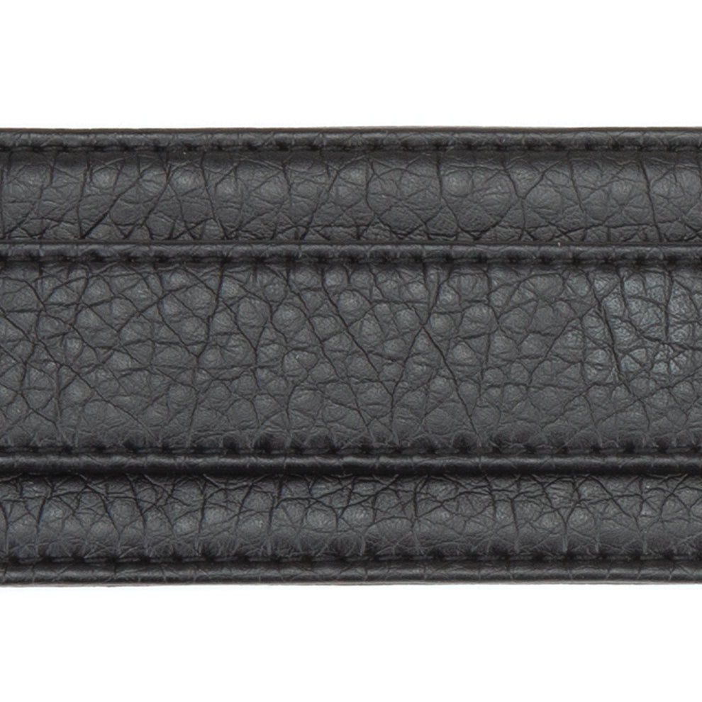 Close-up of a black leather belt with visible stitching on a white background