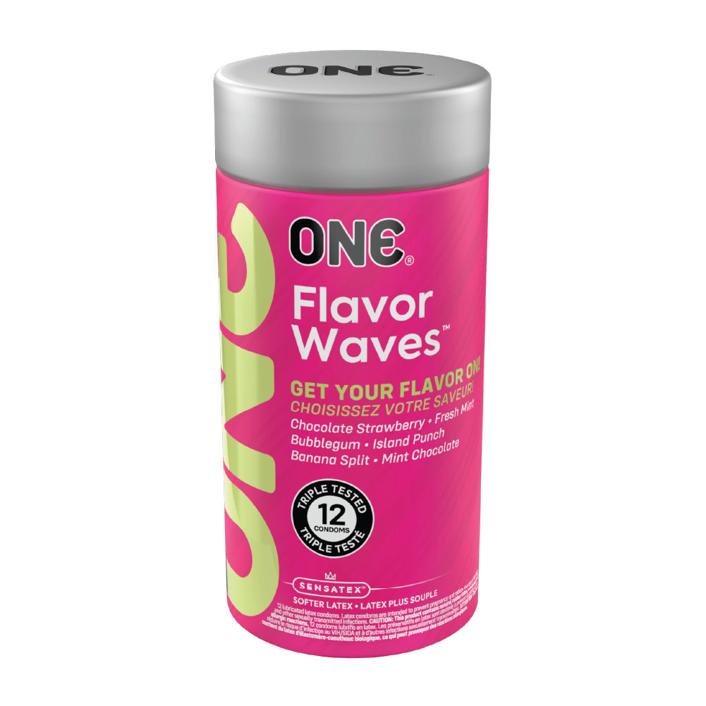 Pink canister of ONE Flavor Waves 12 pack condom with silver lid on a white background