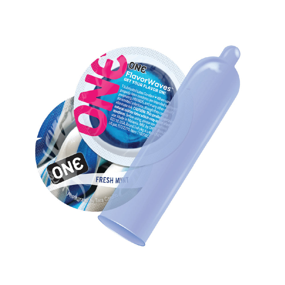 Pink canister of ONE Flavor Waves 12 pack condom with silver lid on a white background