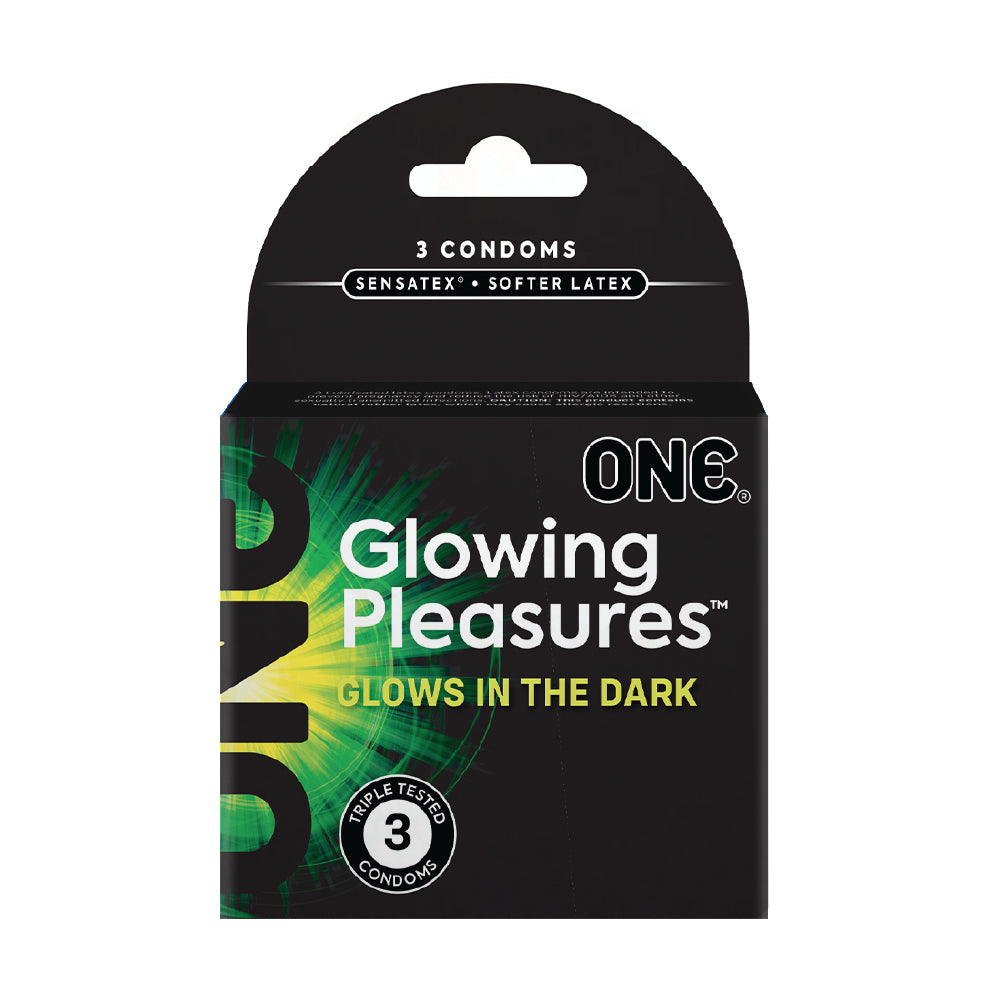 Pack of One brand condoms with glowing pleasure feature on a white background