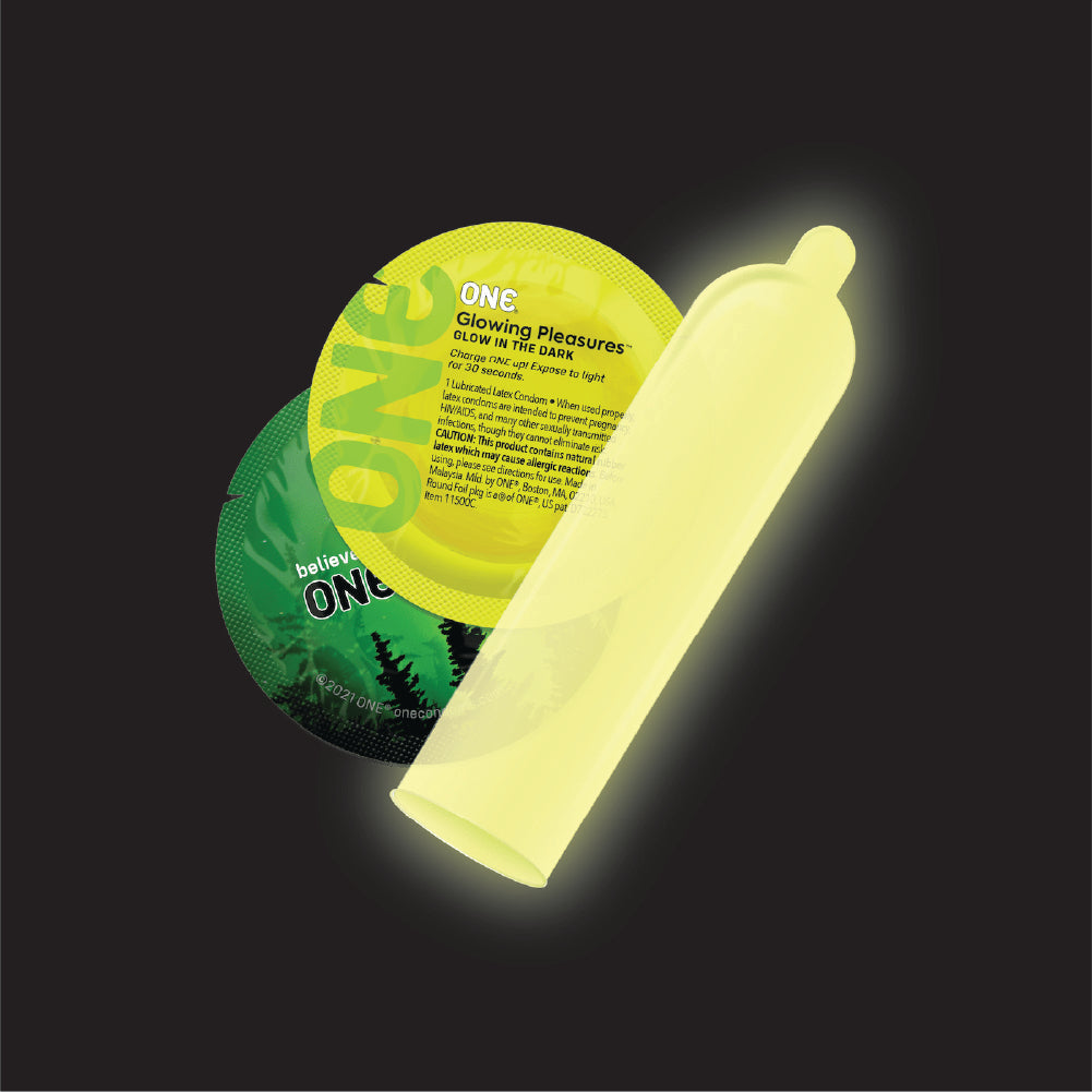 Pack of One brand condoms with glowing pleasure feature on a white background