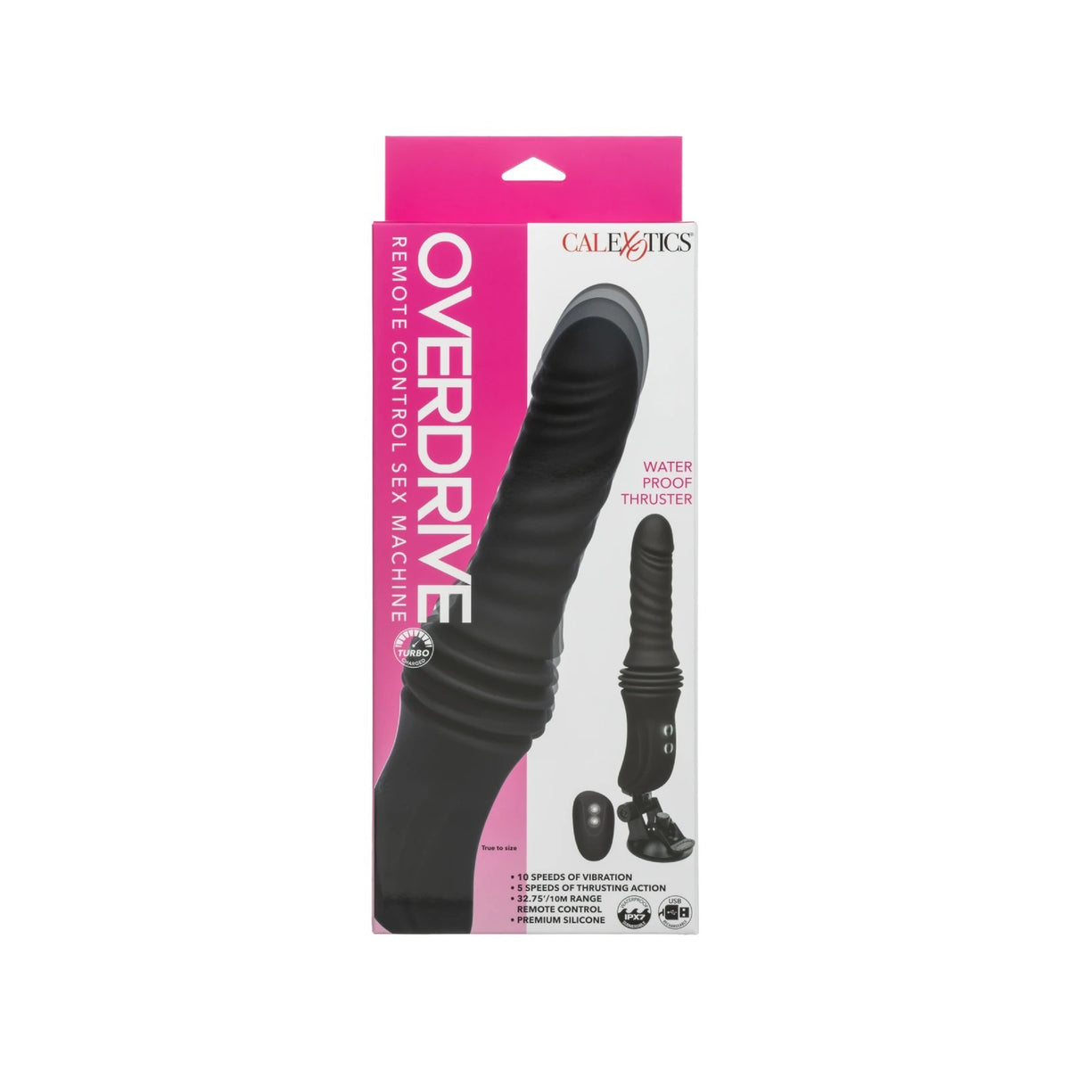 Side view of retail packaging for the CalExotics Overdrive handheld thrusting sex machine
