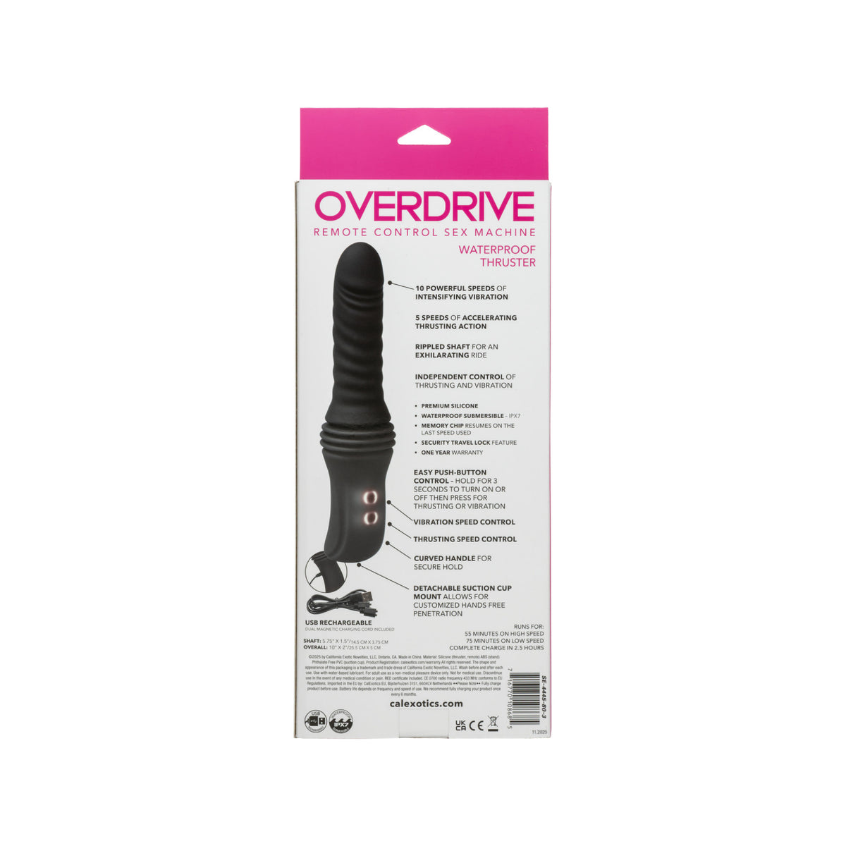 Overdrive Remote Control Sex Machine Thruster in its original retail packaging, showing the back of the box with product details and features.